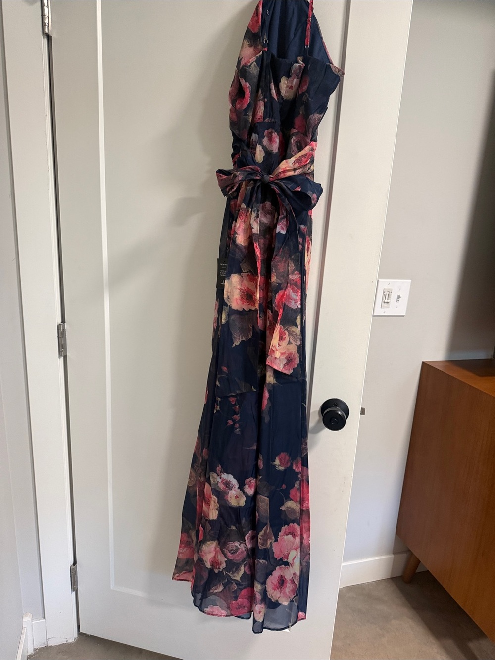 Lulu's Navy One-Shoulder Floral Evening Gown with Pink Accents - Picture 5 of 5
